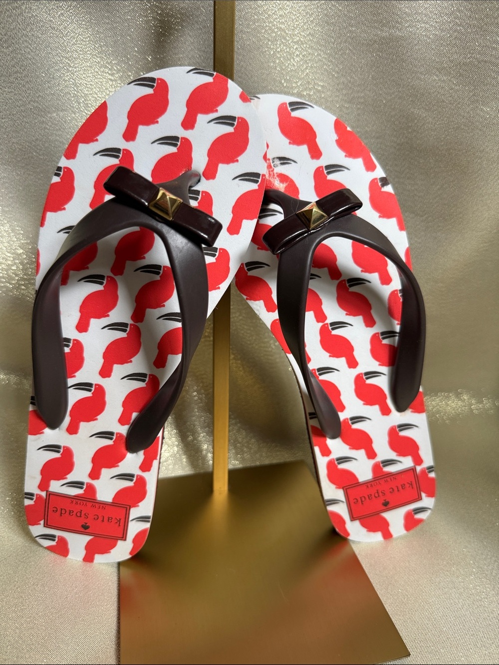 kate spade Red Toucan Pattern Flip Sandals with Brown Straps